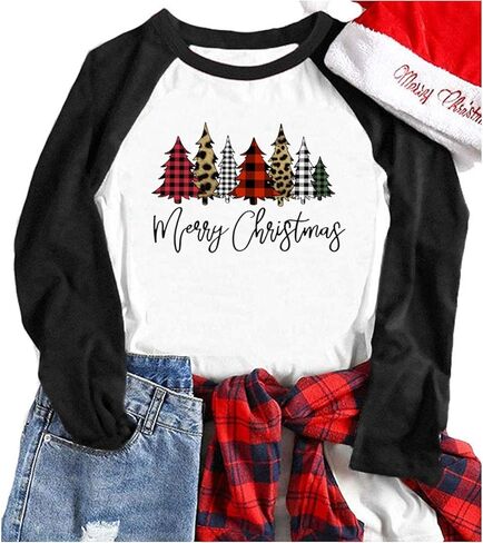 Merry Christmas Tree Shirts for Women 3/4 Sleeve Raglan Baseball Tee Funny Festival Tops in Saudi Arabia