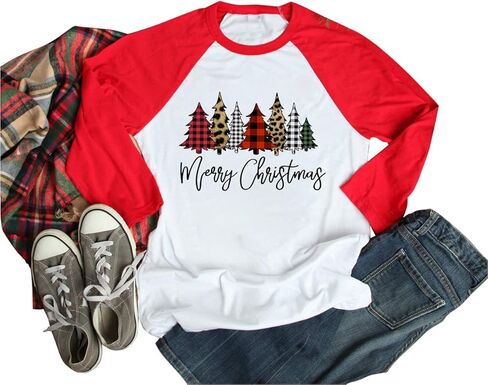 Merry Christmas Tree Shirts for Women 3/4 Sleeve Raglan Baseball Tee Funny Festival Tops in Saudi Arabia