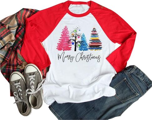 Merry Christmas Tree Shirts for Women 3/4 Sleeve Raglan Baseball Tee Funny Festival Tops in Saudi Arabia