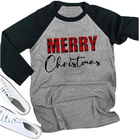 Merry Christmas Tree Shirts for Women 3/4 Sleeve Raglan Baseball Tee Funny Festival Tops in Saudi Arabia