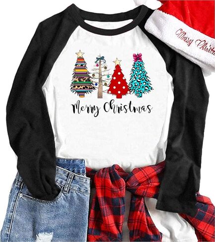 Merry Christmas Tree Shirts for Women 3/4 Sleeve Raglan Baseball Tee Funny Festival Tops in Saudi Arabia