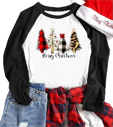 Merry Christmas Tree Shirts for Women 3/4 Sleeve Raglan Baseball Tee Funny Festival Tops in Saudi Arabia