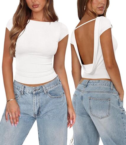 Womens Open Back Tops for Women Trendy Backless Shirt Short Sleeve Slim Fit Going Out Top Y2k Basic Clothes in Kuwait