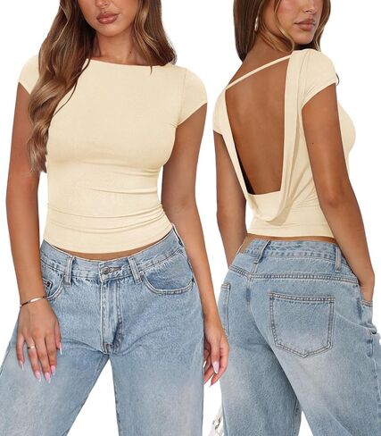 Womens Open Back Tops for Women Trendy Backless Shirt Short Sleeve Slim Fit Going Out Top Y2k Basic Clothes in Saudi Arabia