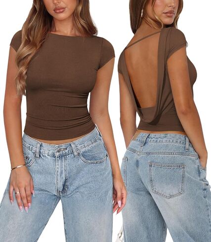 Womens Open Back Tops for Women Trendy Backless Shirt Short Sleeve Slim Fit Going Out Top Y2k Basic Clothes in Saudi Arabia