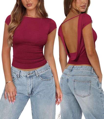 Womens Open Back Tops for Women Trendy Backless Shirt Short Sleeve Slim Fit Going Out Top Y2k Basic Clothes in Saudi Arabia