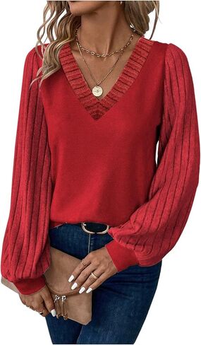 Women's Ribbed Knit Long Sleeve T Shirts V Neck Casual Tee Tops Fall Outfits in Saudi Arabia