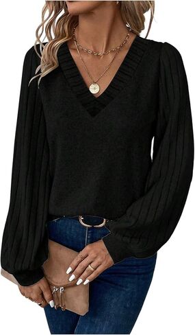 تي شيرت نسائي بأكمام طويلة وياقة على شكل حرف V كاجوال تي شيرت ملابس الخريف in Kuwait