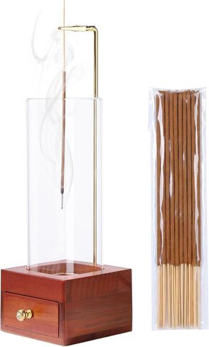 SAMEBUTECO Windproof Incense Holder with Drawer, Ash-Free Glass Tube, Fireproof Stainless Steel Base, Wood Incense Burner for Meditation, Yoga, and Spa (20 Sticks Included) in Saudi Arabia