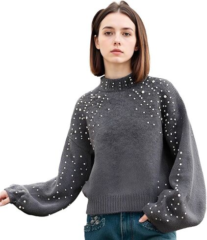 Women's Heavy-Craft Beaded Cropped Crew Neck Long Lantern Sleeves Sweater in Saudi Arabia