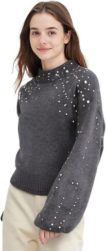 Women's Heavy-Craft Beaded Cropped Crew Neck Long Lantern Sleeves Sweater in Saudi Arabia