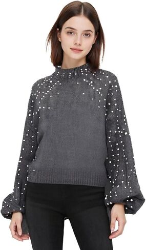 Women's Heavy-Craft Beaded Cropped Crew Neck Long Lantern Sleeves Sweater in Saudi Arabia