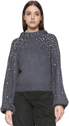 Women's Heavy-Craft Beaded Cropped Crew Neck Long Lantern Sleeves Sweater in Saudi Arabia