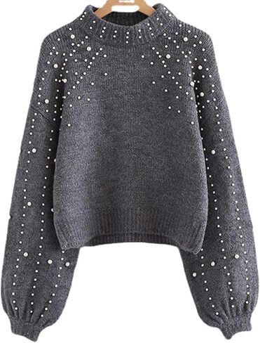Women's Heavy-Craft Beaded Cropped Crew Neck Long Lantern Sleeves Sweater in Saudi Arabia