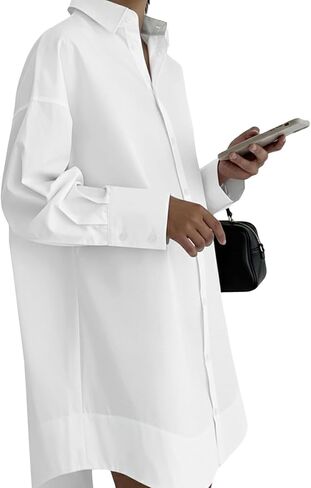 Women's Button Down Dress-Long Sleeve Shirt Dress Business Casual Office Outfits Slim Fit V Neck Midi Tunic Dress (No Pocket) in Kuwait