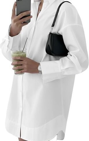 Women's Button Down Dress-Long Sleeve Shirt Dress Business Casual Office Outfits Slim Fit V Neck Midi Tunic Dress (No Pocket) in Kuwait