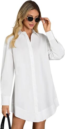 Women's Button Down Dress-Long Sleeve Shirt Dress Business Casual Office Outfits Slim Fit V Neck Midi Tunic Dress (No Pocket) in Kuwait