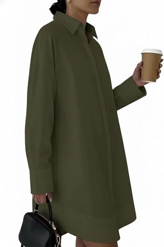 Women's Button Down Dress-Long Sleeve Shirt Dress Business Casual Office Outfits Slim Fit V Neck Midi Tunic Dress (No Pocket) in Kuwait