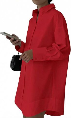 Women's Button Down Dress-Long Sleeve Shirt Dress Business Casual Office Outfits Slim Fit V Neck Midi Tunic Dress (No Pocket) in Kuwait