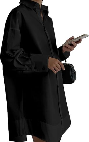 Women's Button Down Dress-Long Sleeve Shirt Dress Business Casual Office Outfits Slim Fit V Neck Midi Tunic Dress (No Pocket) in Kuwait