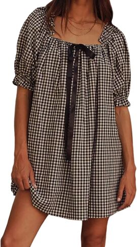 Women Gingham Short Dress Puff Sleeve Bow Tie Square Neck Plaid A-Line Babydoll Mini Dress in Saudi Arabia
