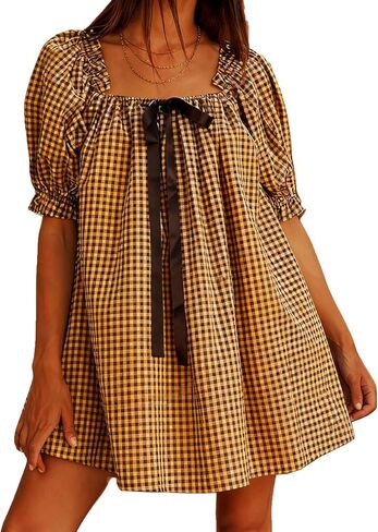 Women Gingham Short Dress Puff Sleeve Bow Tie Square Neck Plaid A-Line Babydoll Mini Dress in Saudi Arabia