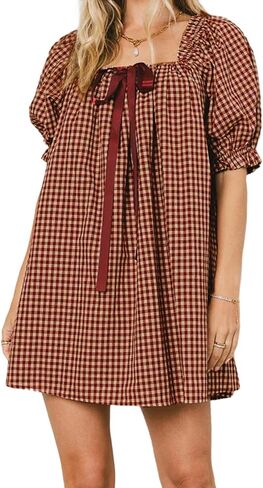 Women Gingham Short Dress Puff Sleeve Bow Tie Square Neck Plaid A-Line Babydoll Mini Dress in Saudi Arabia