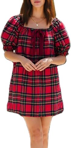 Women Gingham Short Dress Puff Sleeve Bow Tie Square Neck Plaid A-Line Babydoll Mini Dress in Saudi Arabia