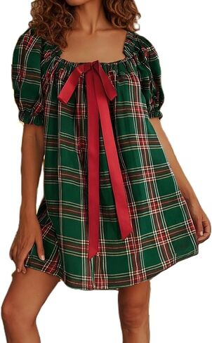 Women Gingham Short Dress Puff Sleeve Bow Tie Square Neck Plaid A-Line Babydoll Mini Dress in Saudi Arabia