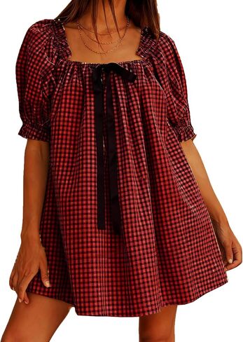 Women Gingham Short Dress Puff Sleeve Bow Tie Square Neck Plaid A-Line Babydoll Mini Dress in Saudi Arabia