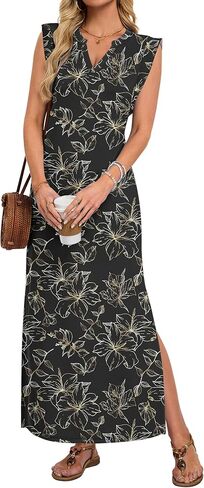 AUSELILY Women's V Neck Maxi Dresses, Casual Loose Split Sleeveless Wrinkle-Free Long Summer Vacation Dress with Pockets 2026 in Saudi Arabia