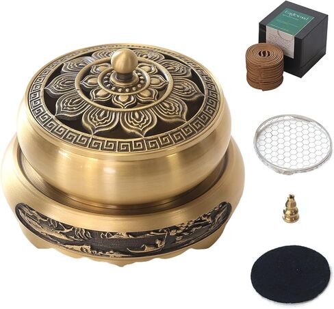 Brass Incense Burner Bowl, Lotus Shape, with Stick Holder & Incense net &Fire Cotton Incense Holder Cone Coil Incense Burner Ash Catcher with Lid for Indoor Office Décor, Handicraft Gifts,Censer in Saudi Arabia