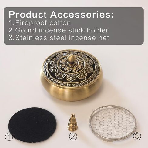 Brass Incense Burner Bowl, Lotus Shape, with Stick Holder & Incense net &Fire Cotton Incense Holder Cone Coil Incense Burner Ash Catcher with Lid for Indoor Office Décor, Handicraft Gifts,Censer in Saudi Arabia
