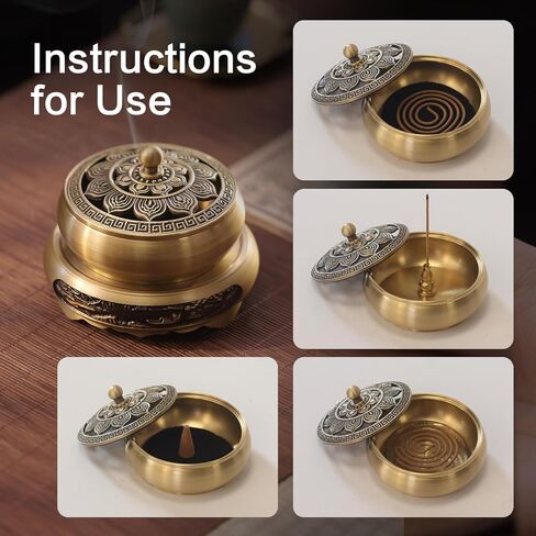 Brass Incense Burner Bowl, Lotus Shape, with Stick Holder & Incense net &Fire Cotton Incense Holder Cone Coil Incense Burner Ash Catcher with Lid for Indoor Office Décor, Handicraft Gifts,Censer in Saudi Arabia
