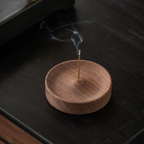 1PCS Black Walnut Incense Holder for Sticks - Round Wooden Incense Burner Tray, Handcrafted Natural Aroma Diffuser Bowl with Minimalist Design in Saudi Arabia