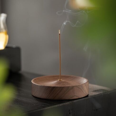 1PCS Black Walnut Incense Holder for Sticks - Round Wooden Incense Burner Tray, Handcrafted Natural Aroma Diffuser Bowl with Minimalist Design in Saudi Arabia