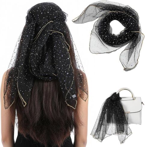 Fashion Head Scarf for Women Black Rhinestone Head Scarf for Women, 31.5 Inch Square Bandana, Sparkling 90s Style Hair Wrap & Shawl in Saudi Arabia