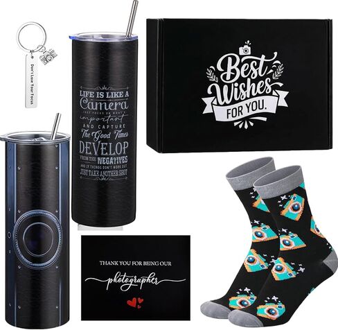 Patelai 5 Pcs Photographer Gift Set for Men Women Funny Camera Lovers Gift with 1 Pcs Stainless Steel Tumbler Socks Keychain Greeting Card with Box for Photo Lovers Camera Encouragement Set in Saudi Arabia