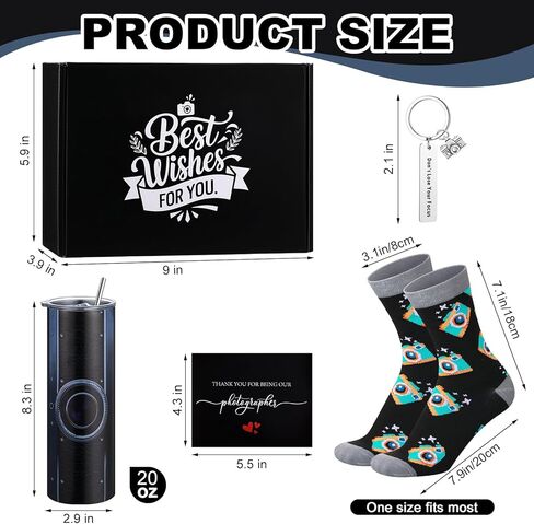 Patelai 5 Pcs Photographer Gift Set for Men Women Funny Camera Lovers Gift with 1 Pcs Stainless Steel Tumbler Socks Keychain Greeting Card with Box for Photo Lovers Camera Encouragement Set in Saudi Arabia