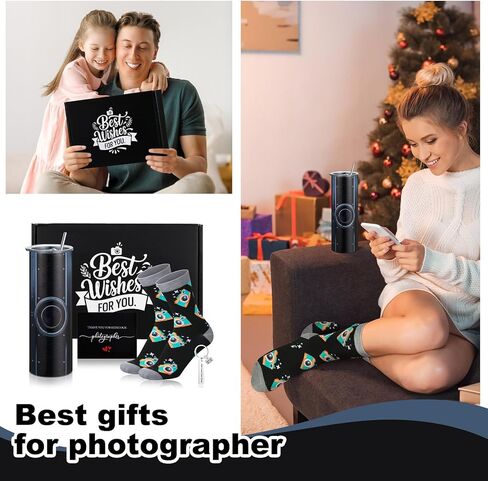 Patelai 5 Pcs Photographer Gift Set for Men Women Funny Camera Lovers Gift with 1 Pcs Stainless Steel Tumbler Socks Keychain Greeting Card with Box for Photo Lovers Camera Encouragement Set in Saudi Arabia