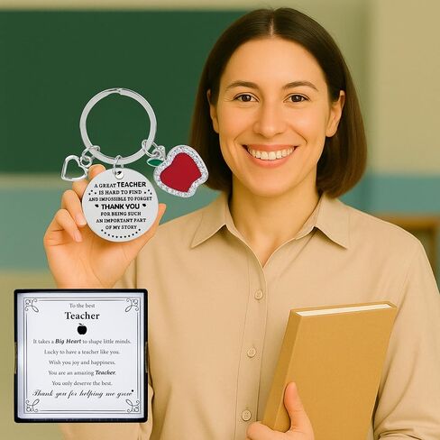 هدية شكر من القلب للمعلم - سلسلة مفاتيح ساحرة على شكل تفاحة حمراء وقلب مع بطاقة رسالة حلوة وصندوق هدايا فاخر - تذكار ذو مغزى لنهاية العام أو التخرج أو تقاعد المعلم in Kuwait