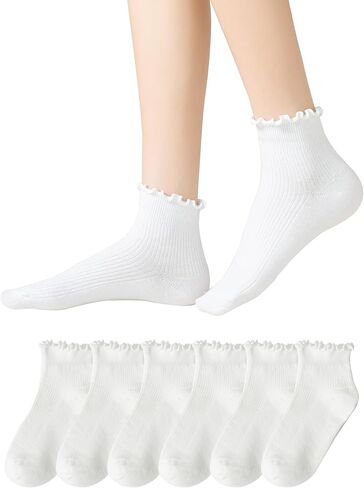 Women's Cotton Ankle Socks - 3 Pack White Breathable Knit Ruffle Cuff Casual Crew Socks in Saudi Arabia
