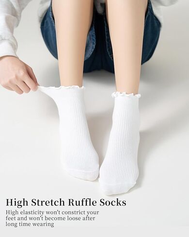 Women's Cotton Ankle Socks - 3 Pack White Breathable Knit Ruffle Cuff Casual Crew Socks in Saudi Arabia
