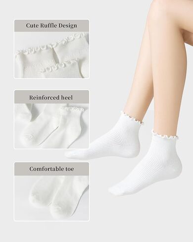 Women's Cotton Ankle Socks - 3 Pack White Breathable Knit Ruffle Cuff Casual Crew Socks in Saudi Arabia