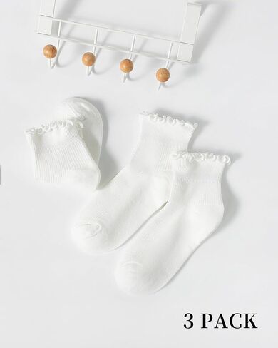 Women's Cotton Ankle Socks - 3 Pack White Breathable Knit Ruffle Cuff Casual Crew Socks in Saudi Arabia