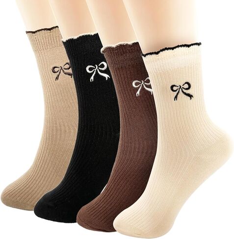 4 Pairs Women's Ribbed Crew Socks, Cute Bow Print Mid-Calf Ankle Sock, Soft Cotton Ruffle Socks for Girls & Ladies, Fashion Coquette-Style Knit Socks for Casual Wear and Gift in Saudi Arabia