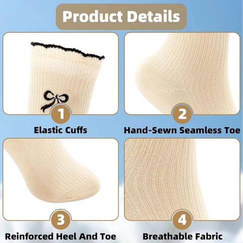 4 Pairs Women's Ribbed Crew Socks, Cute Bow Print Mid-Calf Ankle Sock, Soft Cotton Ruffle Socks for Girls & Ladies, Fashion Coquette-Style Knit Socks for Casual Wear and Gift in Saudi Arabia