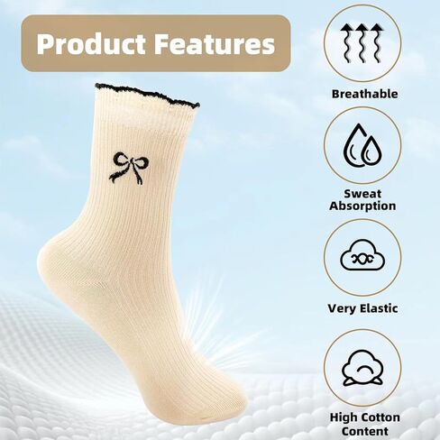 4 Pairs Women's Ribbed Crew Socks, Cute Bow Print Mid-Calf Ankle Sock, Soft Cotton Ruffle Socks for Girls & Ladies, Fashion Coquette-Style Knit Socks for Casual Wear and Gift in Saudi Arabia