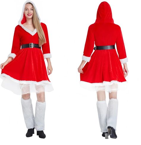 4PCS Mrs Santa Costume Women,Deluxe Claus Costume for Women with Hooded Dress, Belt Stockings Leg Covers in Saudi Arabia