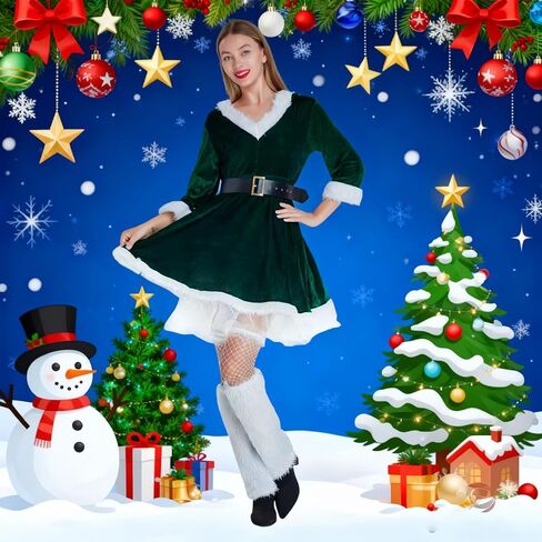 4PCS Mrs Santa Costume Women,Deluxe Claus Costume for Women with Hooded Dress, Belt Stockings Leg Covers in Saudi Arabia